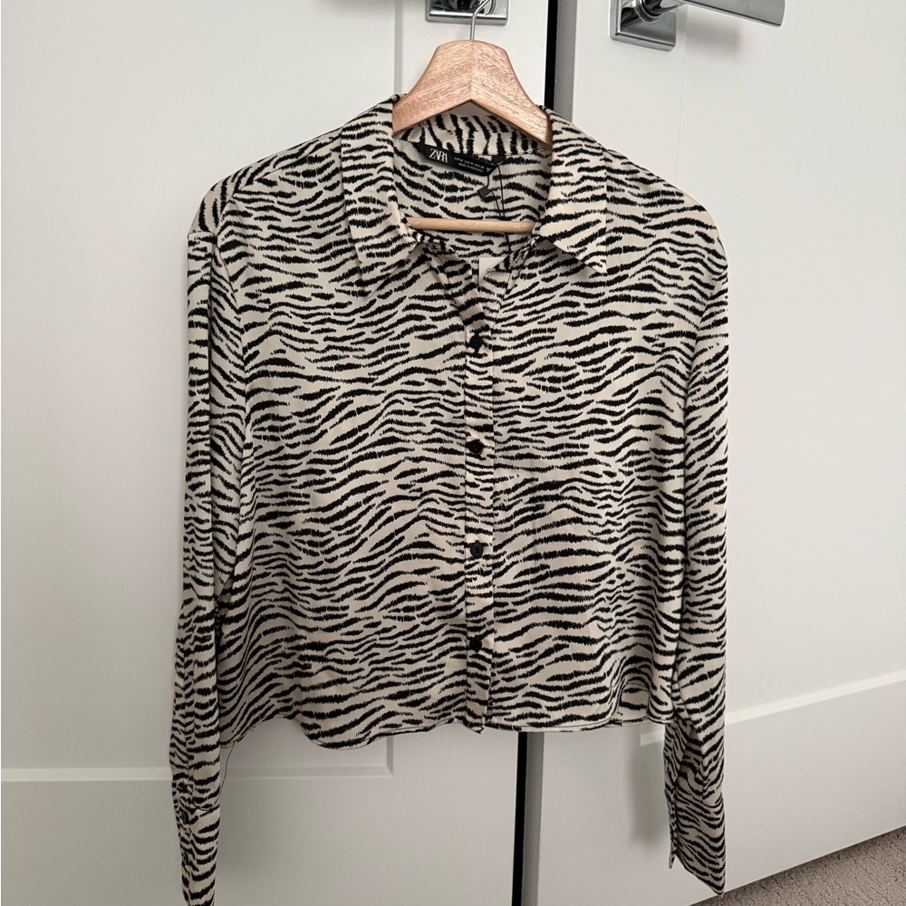 Zara Zebra Print Button-Down Crop Shirt NWT